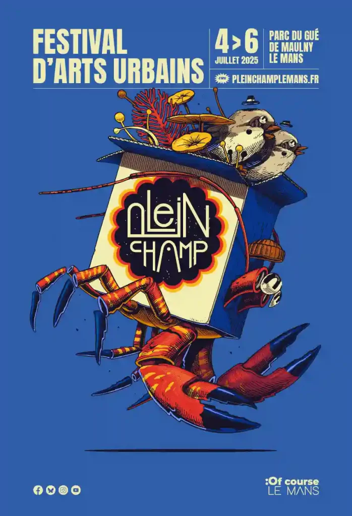 Affiche bleu du festival Plein Champ édition 2025 au Mans