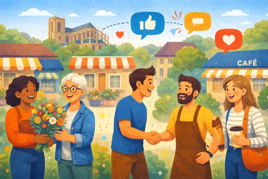 Illustration d'artisans, de comerçants, de dirigeant de TPE/PME au MAns qui se congratules.