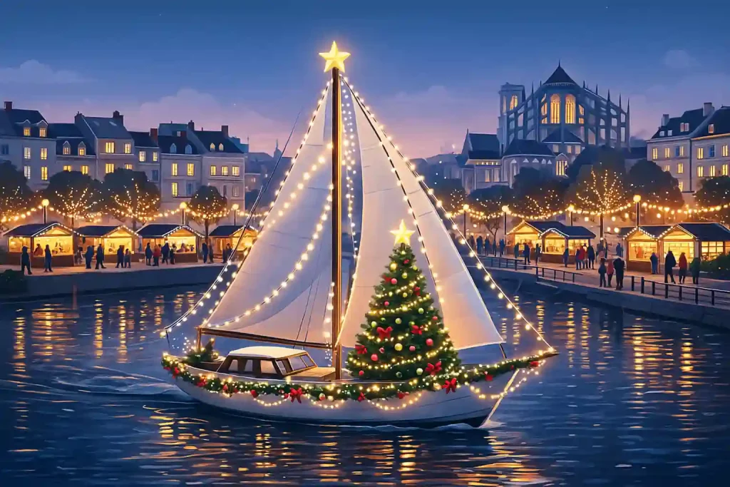 Bateau décoré sur la Sarthe pendant Noël au Port du Mans – ambiance lumineuse hivernale pour illustrer la communication locale des commerces et TPE/PME
