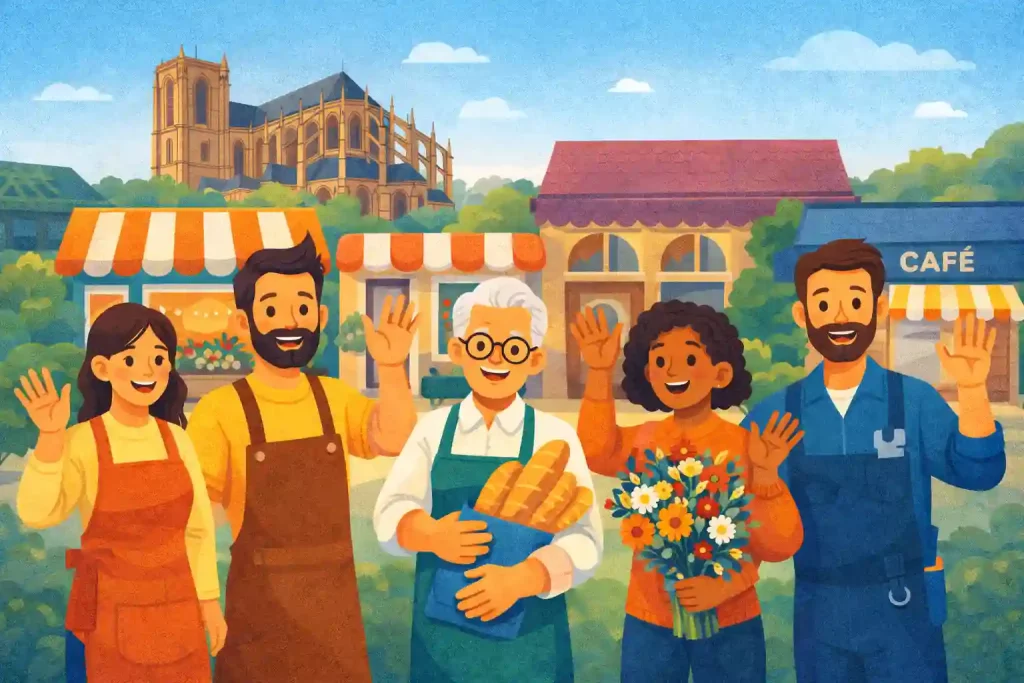 Commerçants, artisans, dirigeants de TPE/PME devant leurs magasins. Humaniser sa communication au Mans