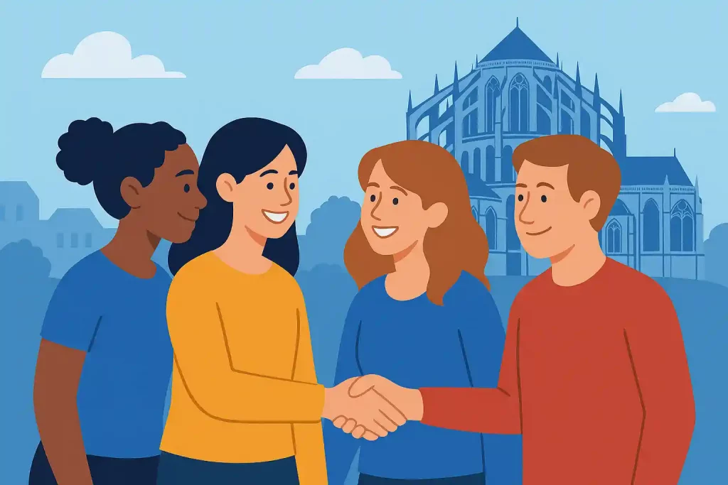 Dessin d'une femme qui serre la main d'un homme, il y a deux autres femmes. En fond il y a la cathédrale du Mans.
