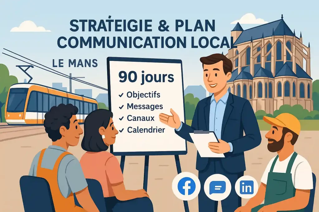 Un homme explique comment il mettra en place une stratégie de communication en 90 jours à ses clients au Mans pour les TPE et PME