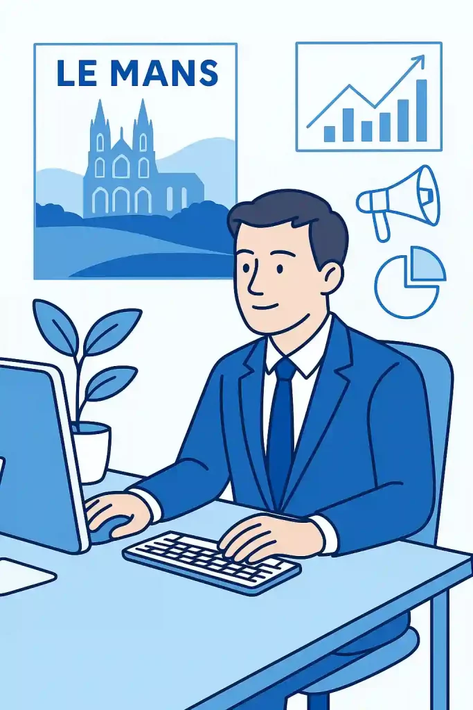 Homme derrière un bureau en arrière plan une affiche avec la Cathédrale du Mans et le Nom de la ville Le Mans écris