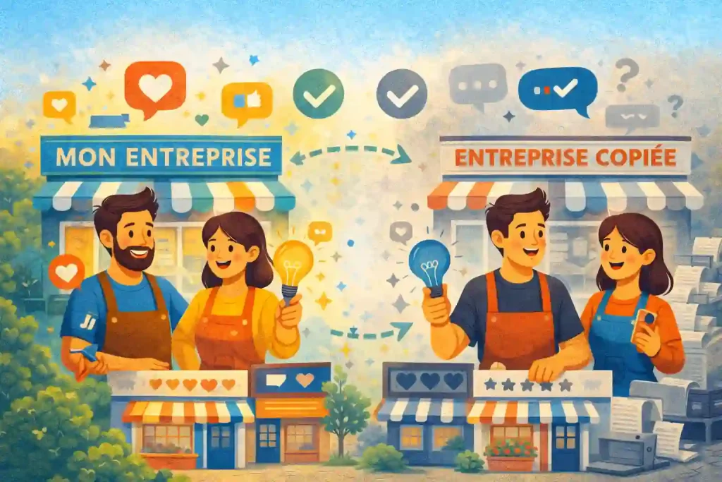 Illustration qui représente le fait de copier sa concurrence dans le cadre de la communication pour les TPE/PME au Mans. votrecomefficace, agence de communication du Mans, communication digitale le mans