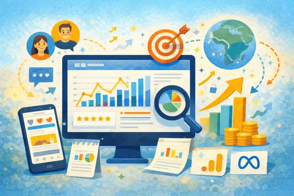 Illustration qui représente les mesures KPI des données de site internet et de réseaux sociaux. votrecomefficace.fr, agence de communication digitale au Mans