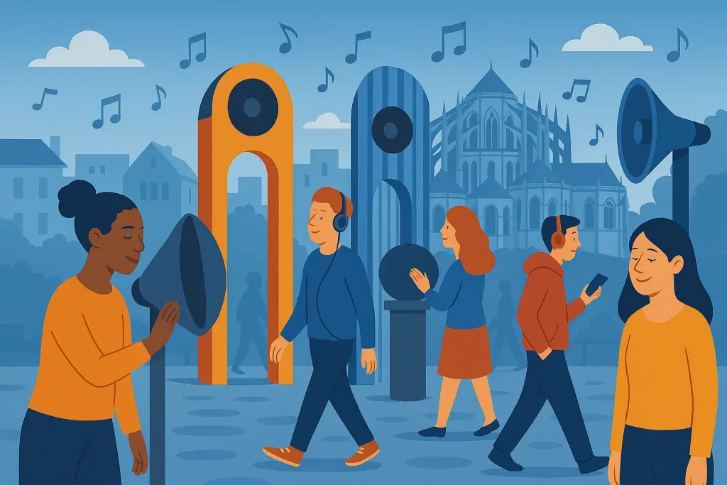 Illustration vectorielle du Mans pendant Le Mans Sonore, avec des installations sonores interactives et des passants, symbolisant la communication locale, l’animation urbaine et les événements de la Métropole mancelle.