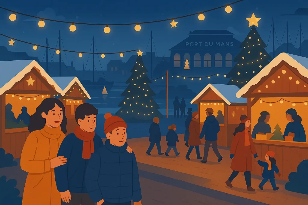 Ambiance lumineuse de Noël au Port du Mans avec chalets, décorations et passants – événement local pour les commerces et TPE/PME du Mans.