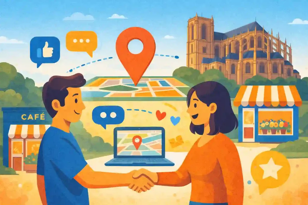 Illustration d'une femme et d'un homme qui se serrent la main devant la cathédrale du Mans. Cela représente l'illustration de la page blog du site votrecomefficace.fr