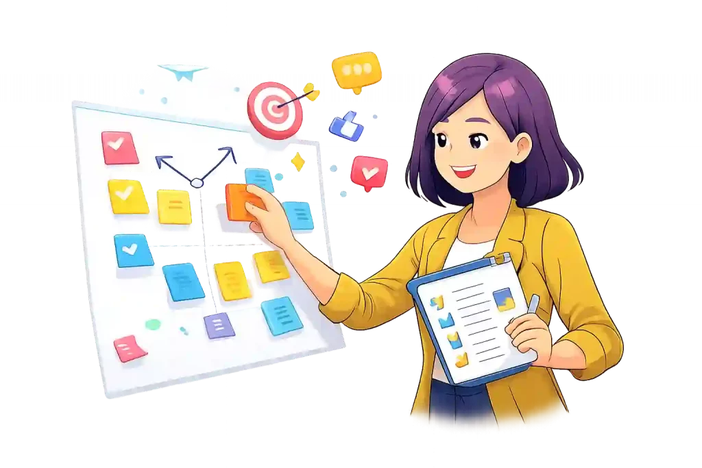 Illustration d'une femme devant un calendrier éditorial de votrecomefficace, agence de communication au Mans spécialisé dans les TPE et Petites PME.